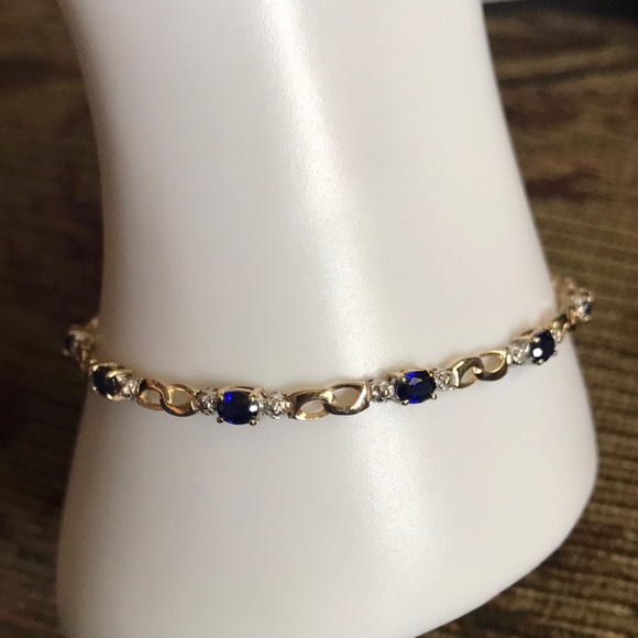 Source Unknown Jewelry - Beautiful Solid 10K Yellow Gold Blue Lab Sapphires/2 Diamonds Tennis Bracelet.
